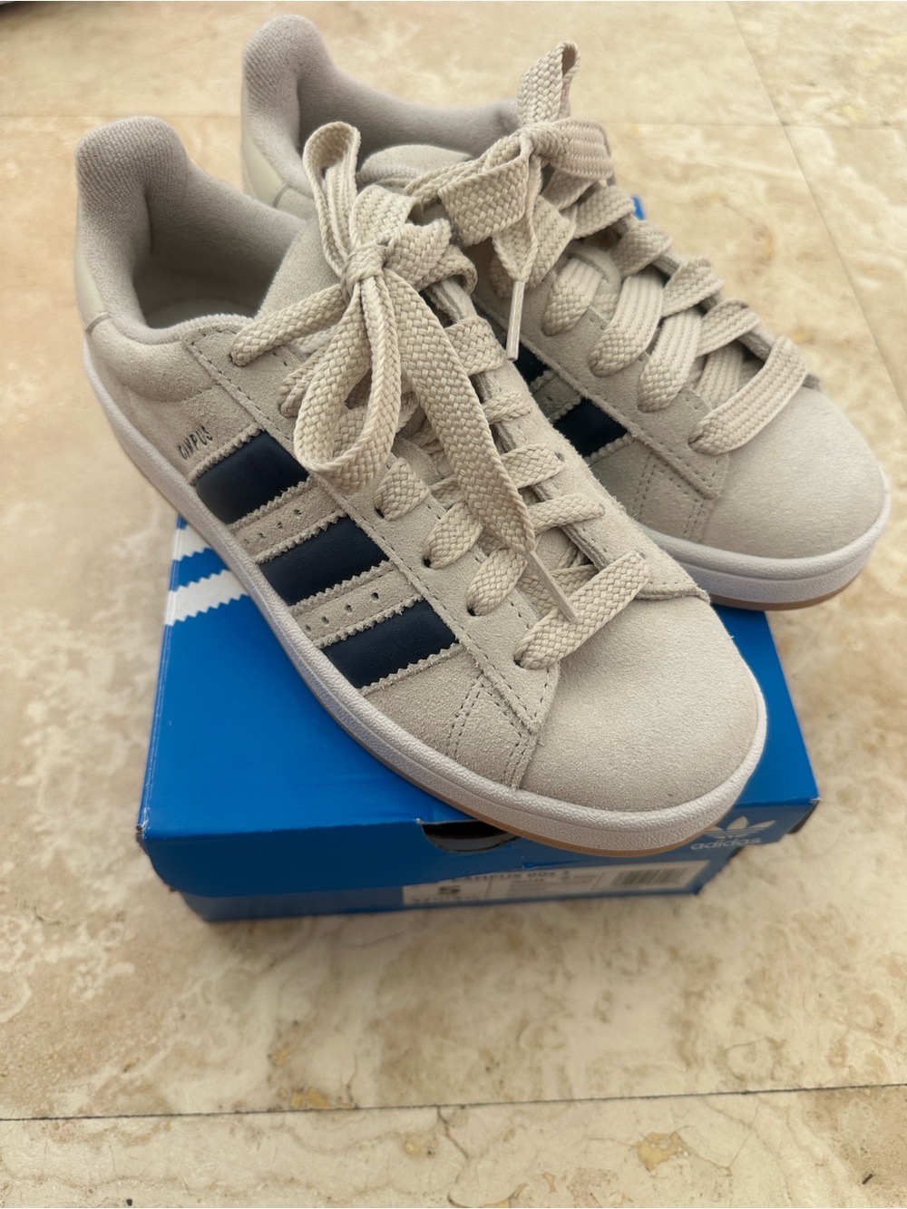 Kids Classic Suede Sneakers in Light Beige with Navy Stripes